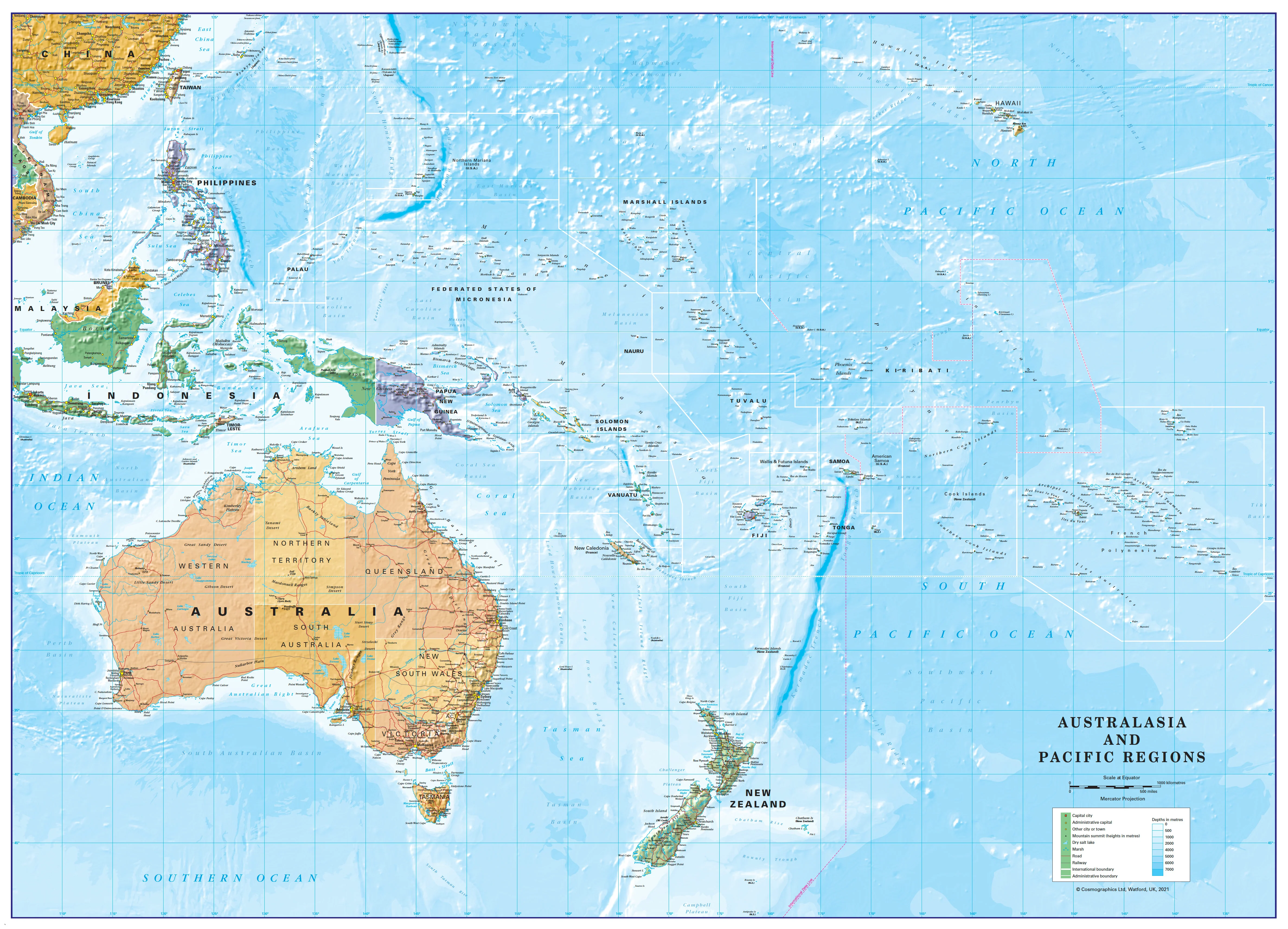 South Pacific Islands, Australia & New Zealand Map Cosmographics
