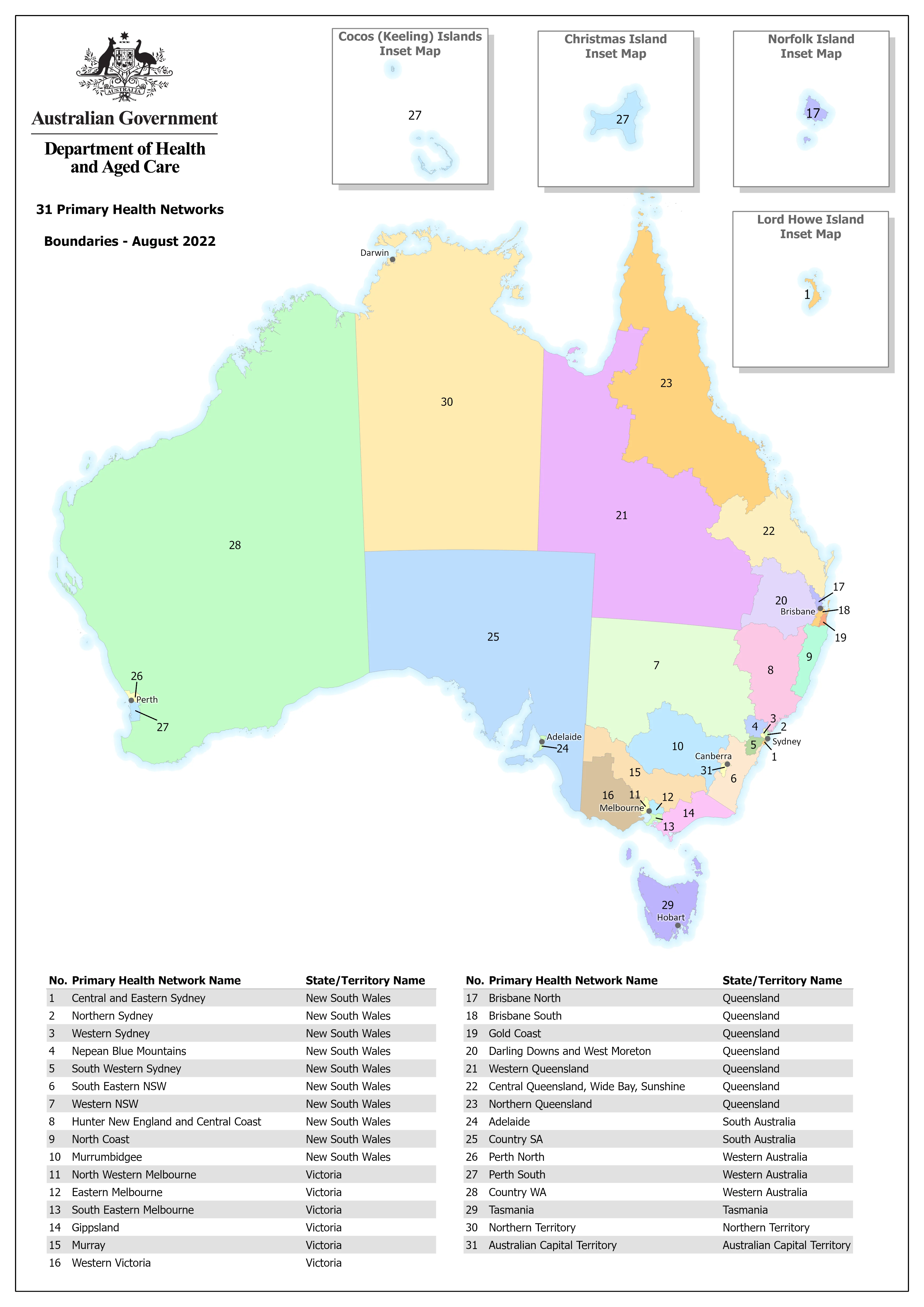 Australia Primary Health Care Network Wall Map