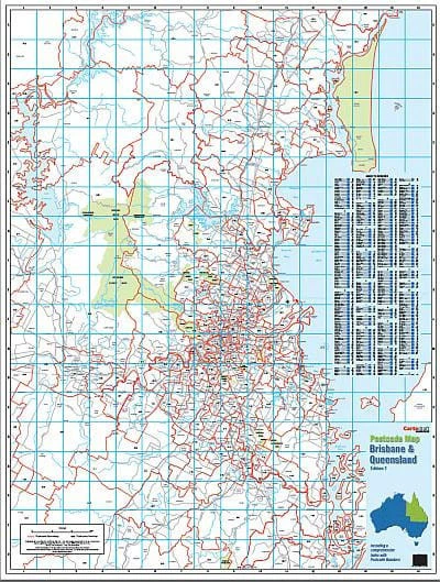 Brisbane & Queensland Postcode Laminated Wall Map 788 x 1036mm