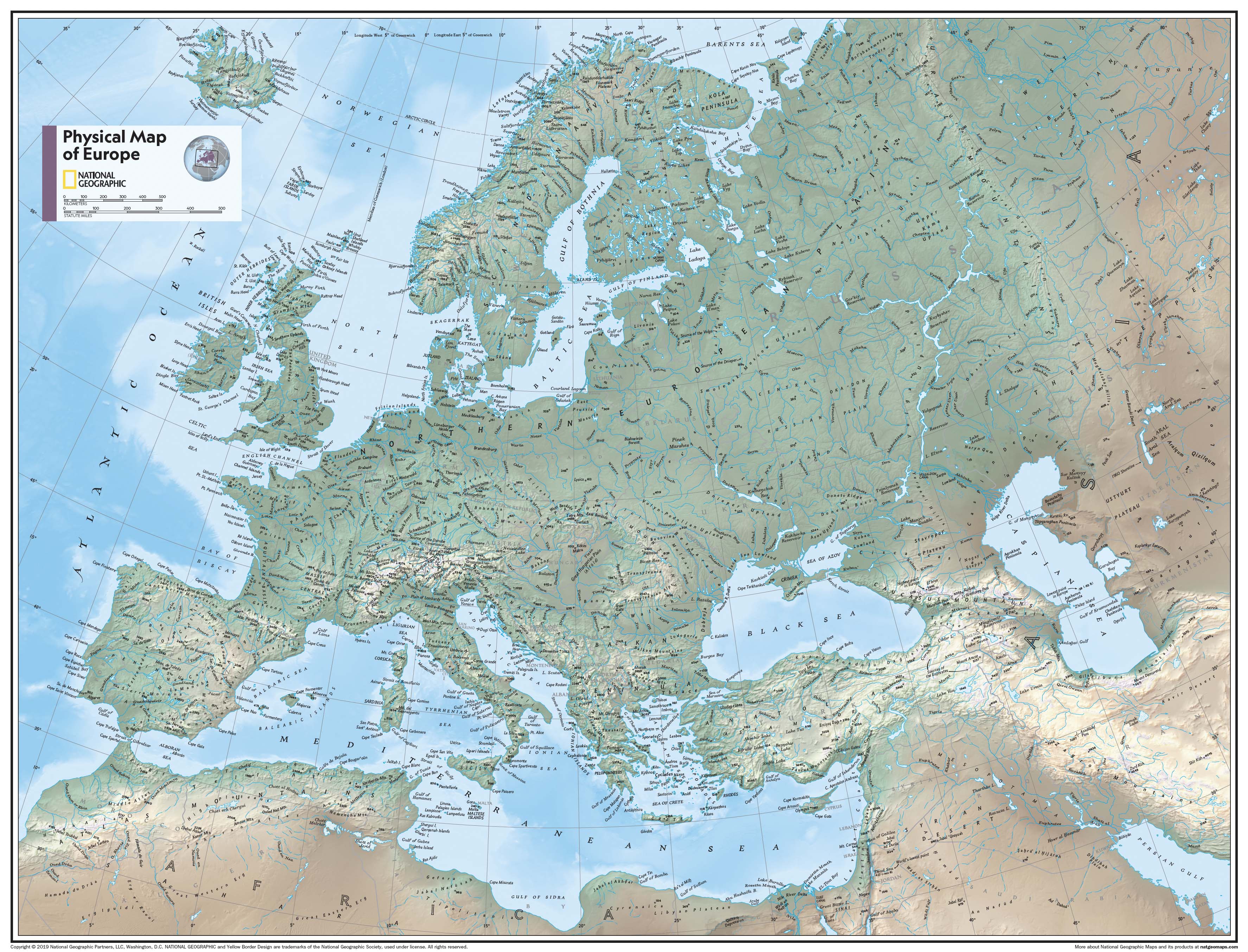 Europe Physical Atlas of the World, 11th Edition, National Geographic Wall Map