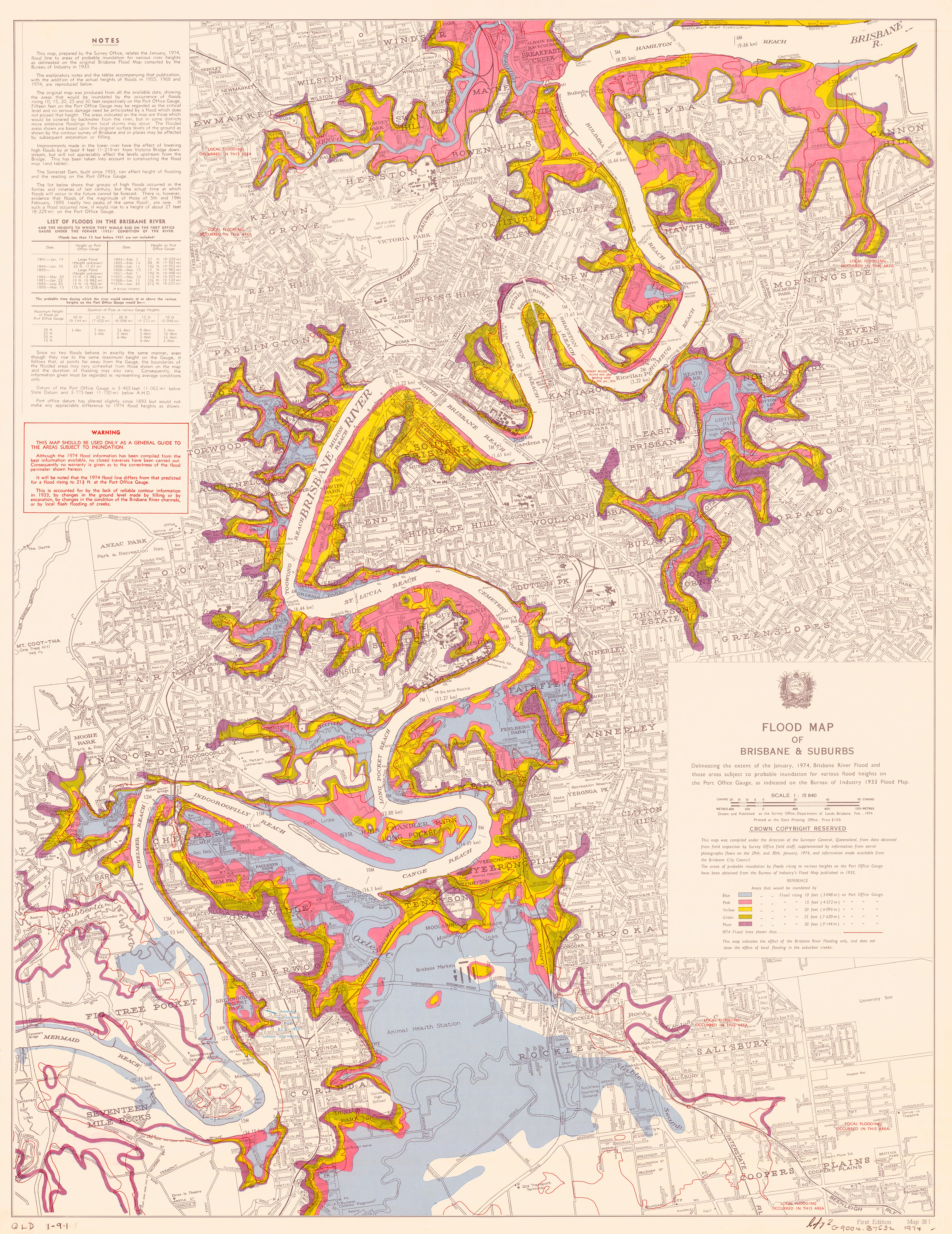 Flood Map of Brisbane & Suburbs (1974)