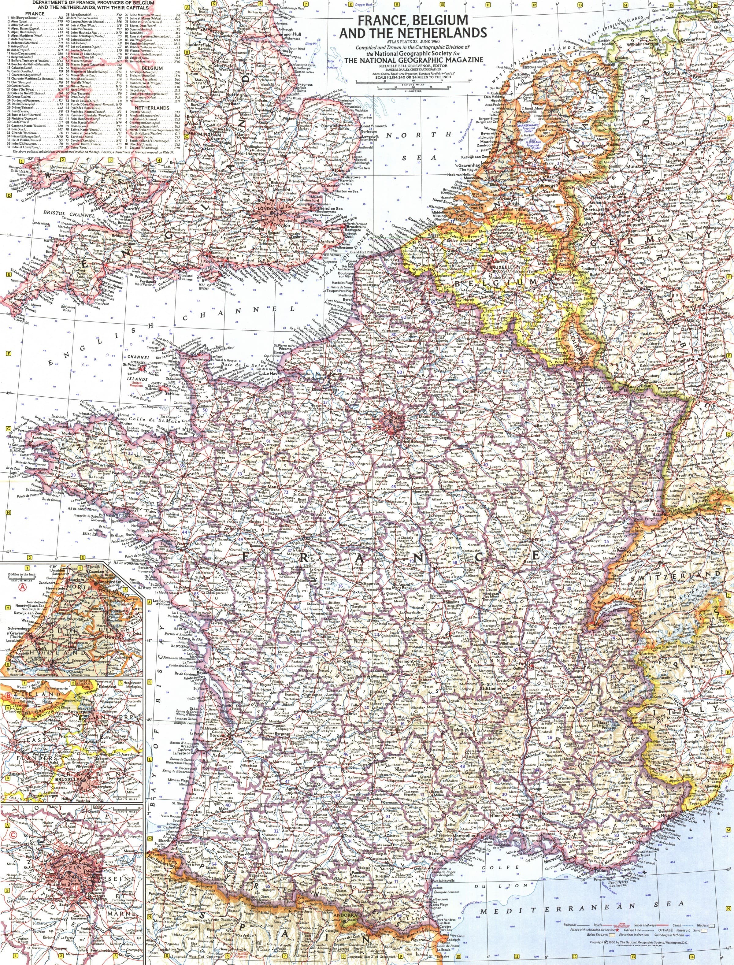 France, Belgium and the Netherlands Wall Map - Published 1960 by National Geographic