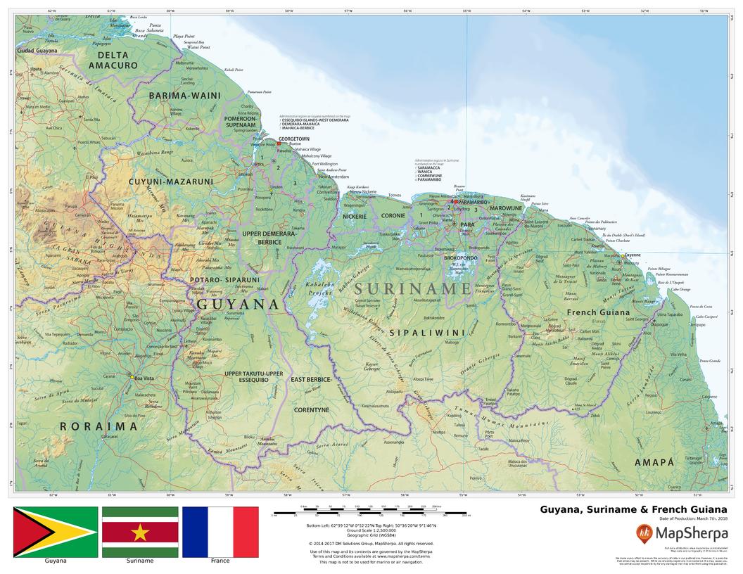 Guyana, Surinam & French Guiana Wall Map 1118 x 864mm