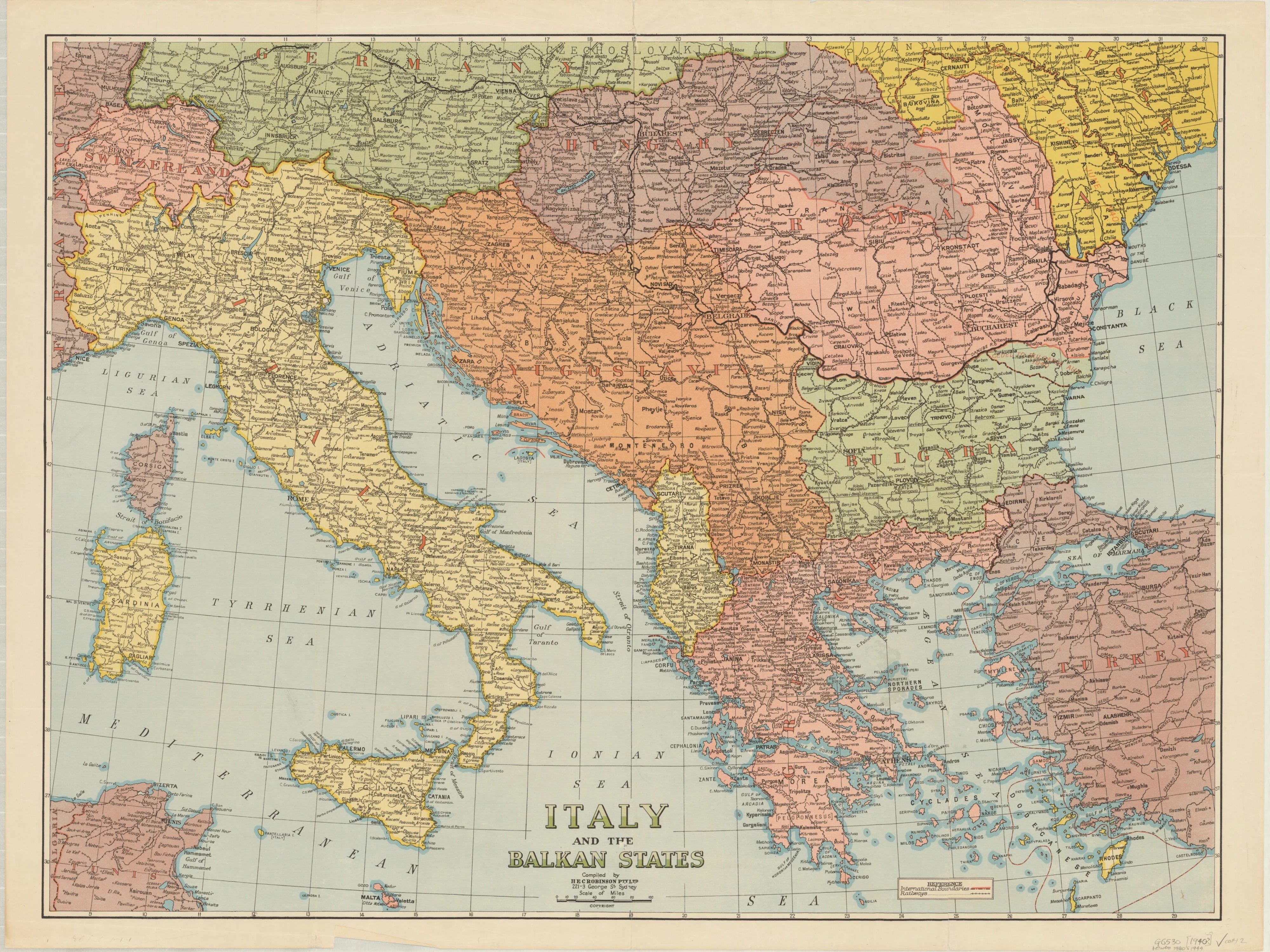 Italy & the Balkan States Historical Wall Map 1940 - H.E.C.Robinson