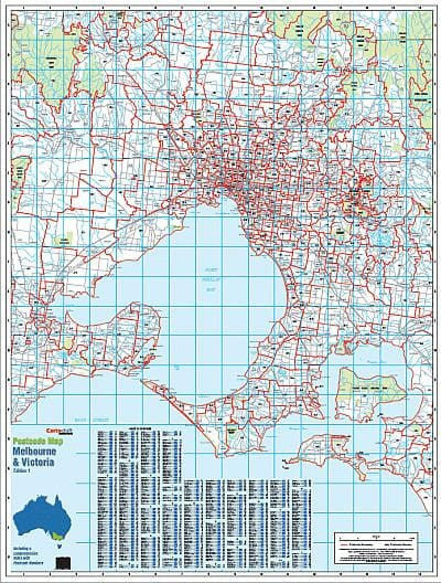 Melbourne & Victoria Postcode Laminated Wall Map 788 x 1036mm