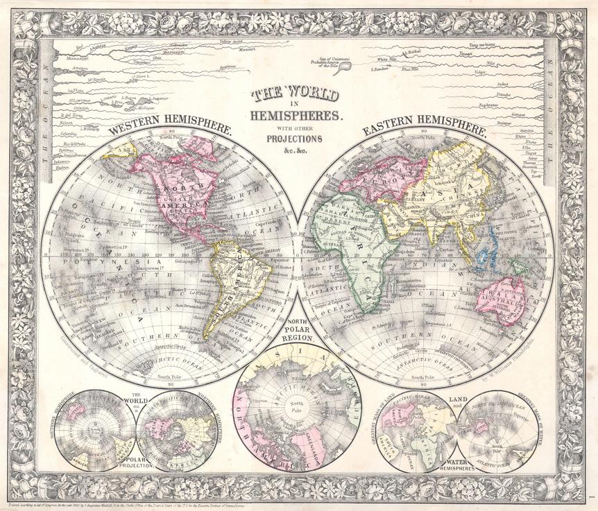 Mitchell Wall Map of the World on Hemisphere Projection (1864) Print