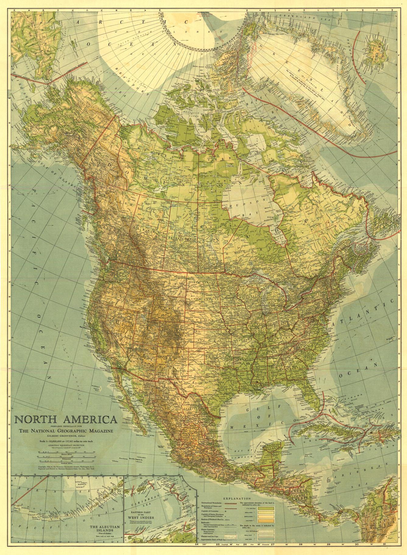 North America Wall Map - Published 1924 by National Geographic