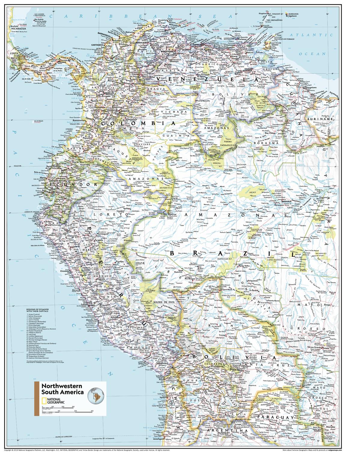 Northwestern South America Atlas of the World, 11th Edition, National Geographic Wall Map