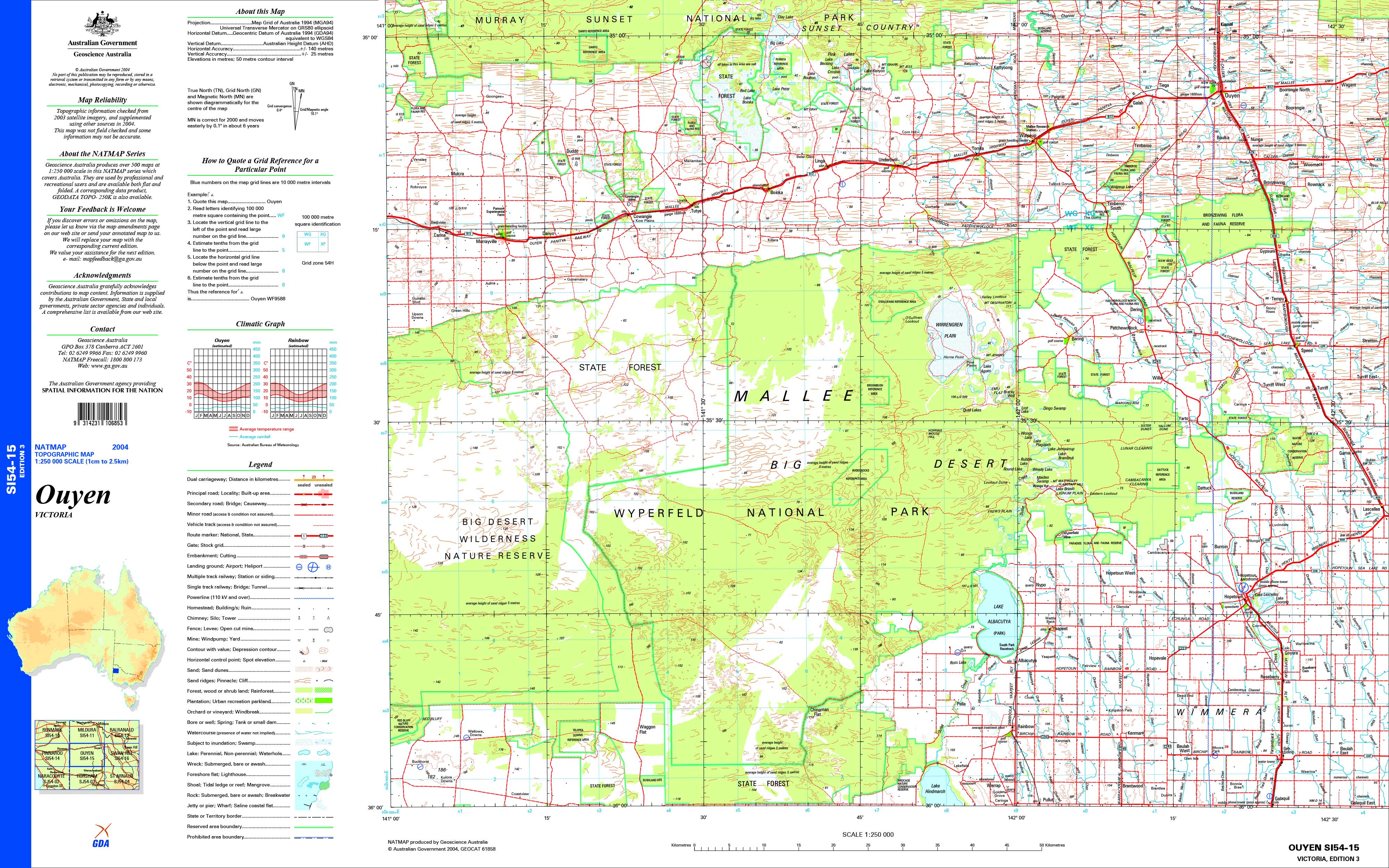 Ouyen SI54-15 Topographic Map 1:250k