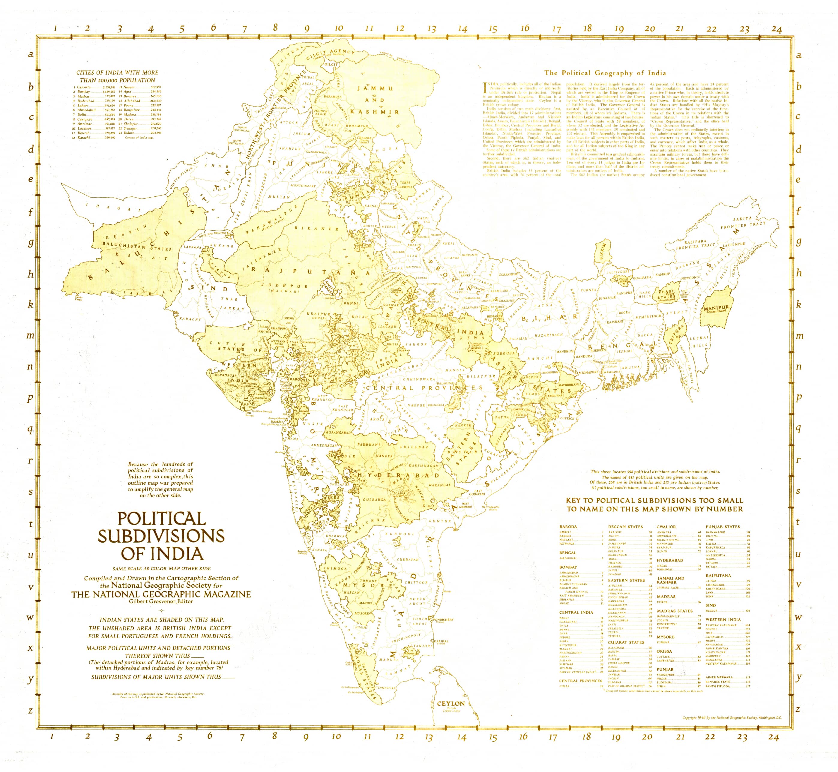 Political Subdivisions of India Wall Map - Published 1946 by National Geographic
