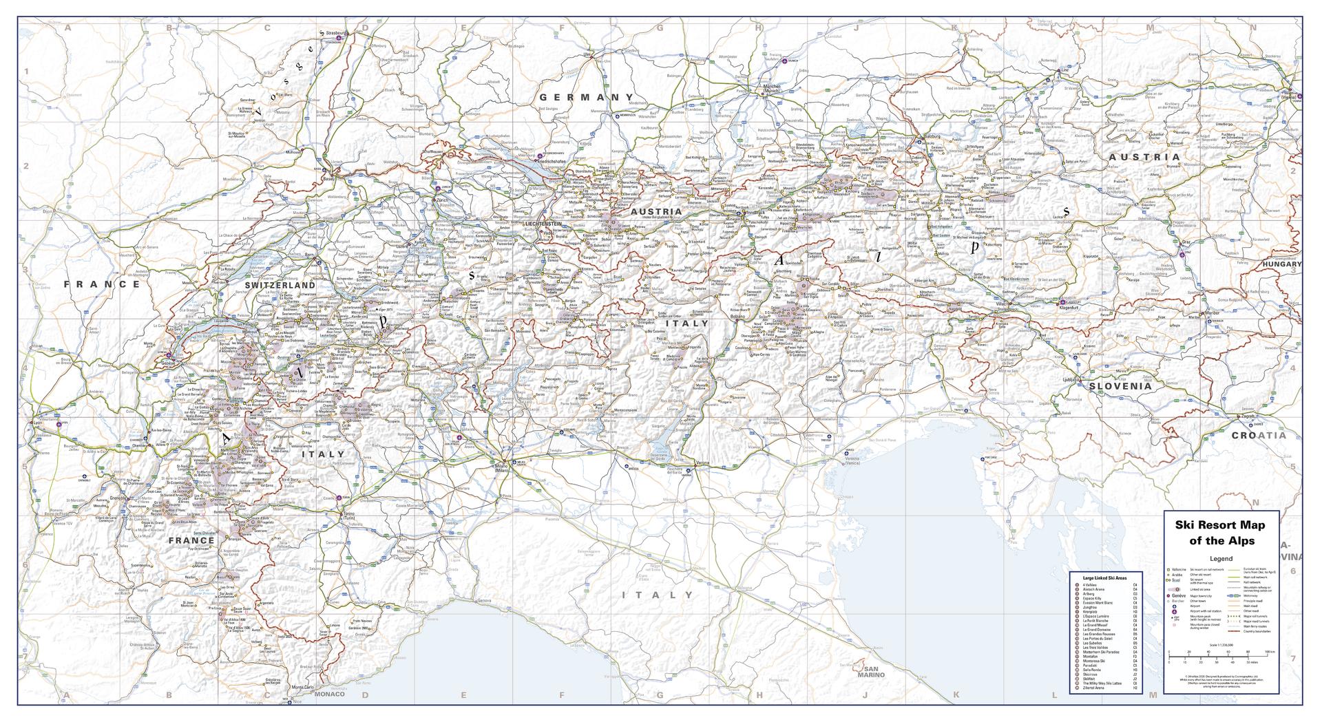 Ski Resorts of the Alps Wall Map Panoramic