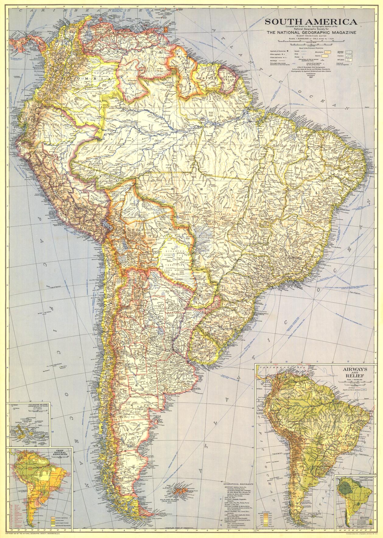 South America Wall Map - Published 1937 by National Geographic