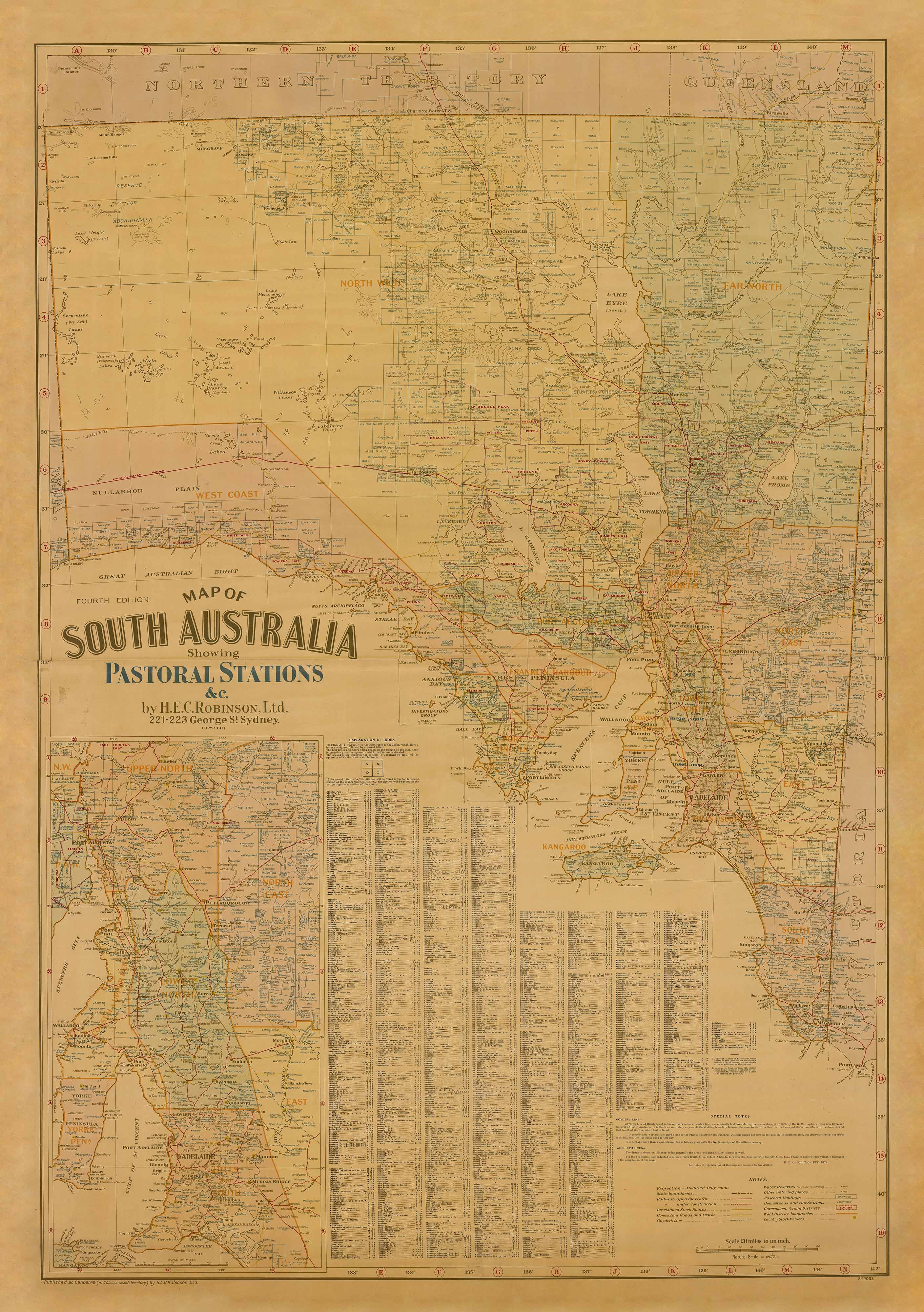 South Australia Pastoral Stations 1948 H.E.C Robinson Wall Map