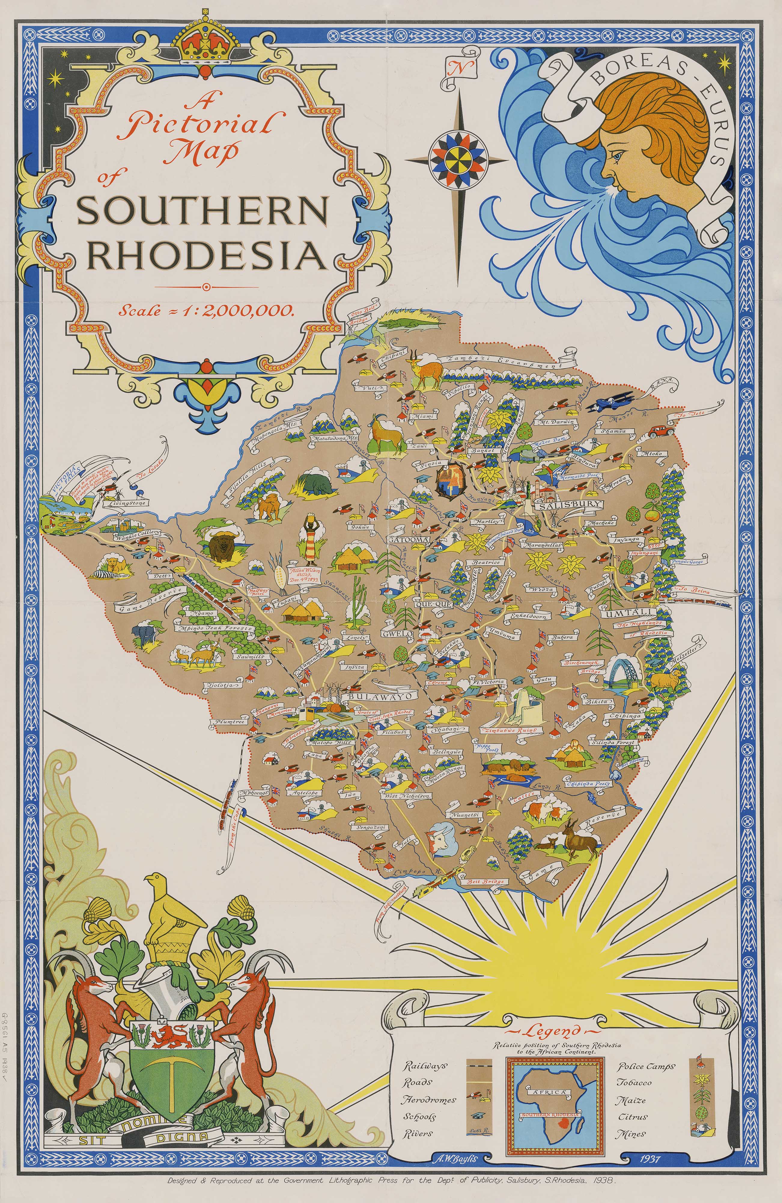 Southern Rhodesia Wall Map 1937
